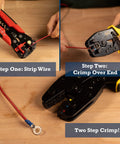 Insulated Ring Terminal Set 100 Pcs 16-14 AWG Blue 1/4 Inch Stud Crimp Connectors For Automotive Wiring And More Heavy Duty Wire Terminals That Fit UL1007 UL1015 being used with hand tools on a wooden surface, demonstrating two-step crimp process on red wire.