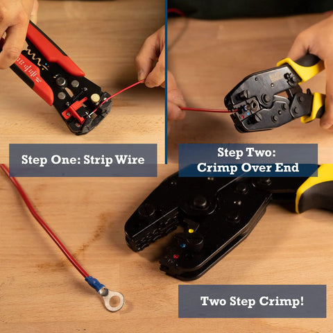 Insulated Ring Terminal Set 100 Pcs 16-14 AWG Blue 1/4 Inch Stud Crimp Connectors For Automotive Wiring And More Heavy Duty Wire Terminals That Fit UL1007 UL1015 being used with hand tools on a wooden surface, demonstrating two-step crimp process on red wire.