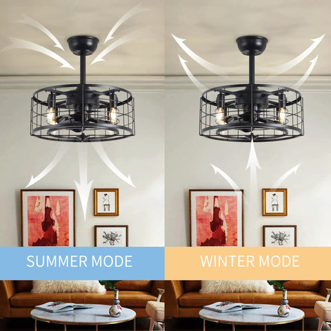 Enclosed Ceiling Fan With Lights Remote Control, Low Profile Dope Look, Reversible Motor With 3 Speed Settings showcased in a room setting for summer and winter modes, 20 Inch Black.