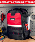 Black and red backpack with tools and tape on a pegboard wall. Compact storage labeled 'HAUTIME.'