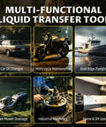 Multi-functional liquid transfer tool for car oil changes, motorcycle maintenance, boat bilge pumping, and home use.