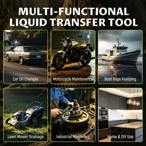 Multi-functional liquid transfer tool for car oil changes, motorcycle maintenance, boat bilge pumping, and home use.