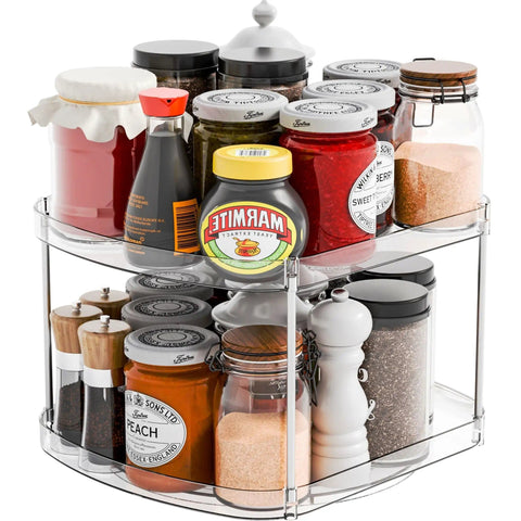 2 Tier Pantry Lazy Susan Organizer For Kitchen Cabinets And Pantry Storage, 12 Inch By 10 Inch Square Turntable, Rotating Spice Rack