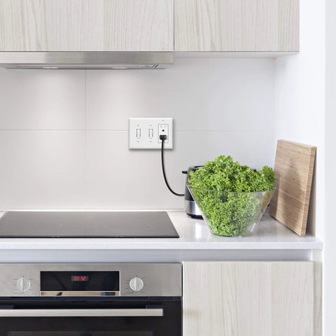 Three-Gang Combination Wall Plate With Double Toggle And Single Decorator Rocker Switch Cutouts installed in modern kitchen.