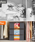 Before and after using 8 Pack Foldable Closet Storage Bins With Clear Windows And Reinforced Handles showcasing organized clothes.