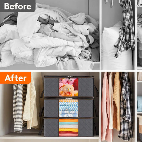 Before and after using 8 Pack Foldable Closet Storage Bins With Clear Windows And Reinforced Handles showcasing organized clothes.