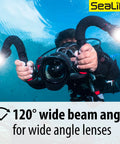 Underwater Photo And Video Light Beast 2500 Lumen COB LED With 120 Degree Wide Beam, diver using it to capture ocean life.