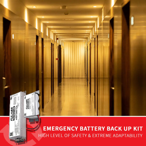 Corridor with emergency lighting using HotSpot1 LED Emergency Battery Backup Kit For T8 Retrofit Conversions, UL Listed