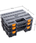 Three In One Portable Tool Box Organizer With Fifty Two Customizable Compartments For Hardware Craft Supplies Beads And Small Parts Grab And Go Three Tier Storage Case For Home Garage And Workshop, showing three-tier black and clear box with orange latches and dimensions.