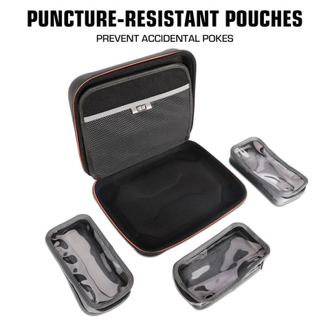 Open black XL Dart Case With Locking Foam For On The Go Transport showing three puncture resistant pouches for accessories.