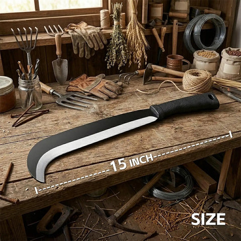 Beastly Heavy Duty Yard Work Machete With Curve Blade For Cutting Trees And Brush Clearing Billhook Sickle on workbench