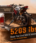 Beefy Heavy Duty Ratchet Straps 4 Pack 1.5 Inch By 8 Foot Tie Downs With Safety S Hooks securing a motorcycle in truck bed