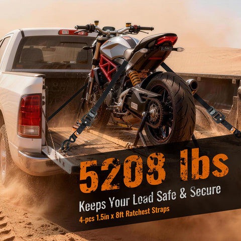 Beefy Heavy Duty Ratchet Straps 4 Pack 1.5 Inch By 8 Foot Tie Downs With Safety S Hooks securing a motorcycle in truck bed