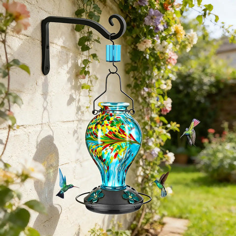 Hand Blown Glass Hummingbird Feeder For Outdoors Hanging 24oz Nectar Bottle With Ant Moat Perch Bee Resistant Ports Backyard Garden Decor