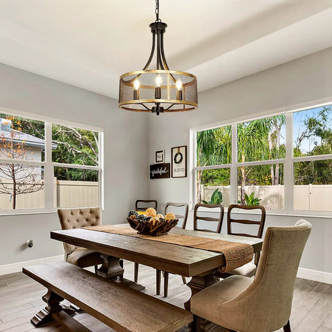 Four Light Industrial Pendant Lighting With Black Square Frame Rustic Farmhouse Chandelier in dining room