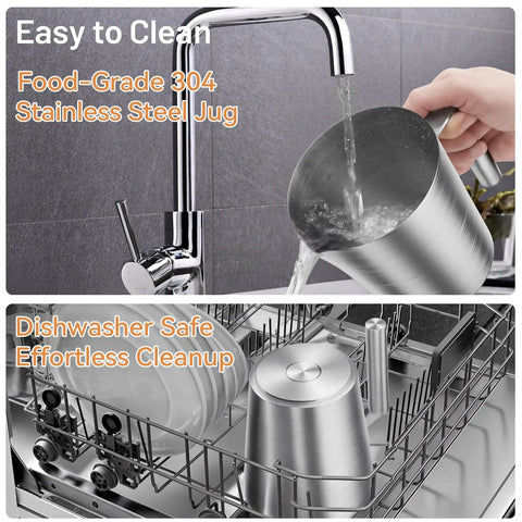 17 Ounce Electric Milk Frother And Steamer With Stainless Steel Jug being washed and placed in dishwasher for cleaning