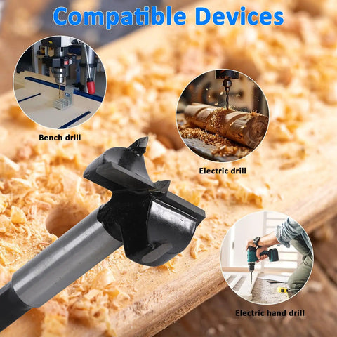 Heavy Duty 5 Piece Forstner Bit Set Premium Carbon Steel Woodworking Drill Bits showcased with compatible drills.