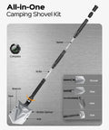 Folding Camping Shovel Axe Kit Military Grade Survival Tool Set with compass, shovel, axe, knife, and multitool features.