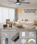 No Fuss 52 Inch Low Profile Ceiling Fan With Lights Featuring Slick App And Remote Control For Fast Cooling And Bright Ambient Glow In Matte Black Finish in a modern living room.