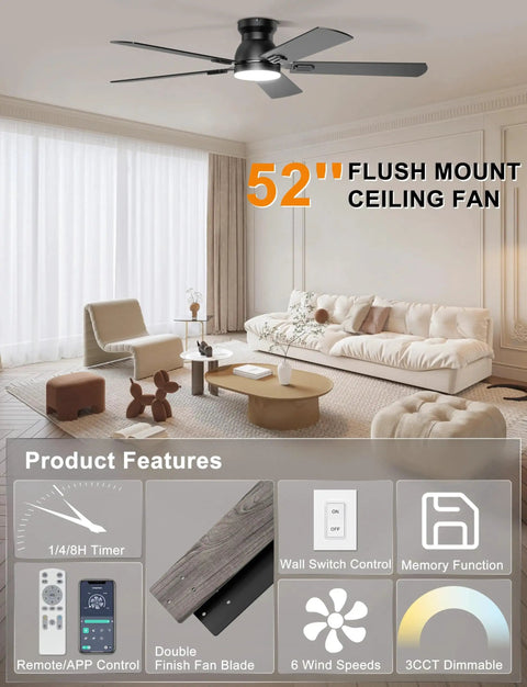 No Fuss 52 Inch Low Profile Ceiling Fan With Lights Featuring Slick App And Remote Control For Fast Cooling And Bright Ambient Glow In Matte Black Finish in a modern living room.