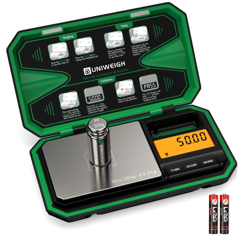 Grab And Go Portable Digital Pocket Scale With 200 G Capacity And 0.01 G Precision, open clamshell showing 50g weight, green battery included