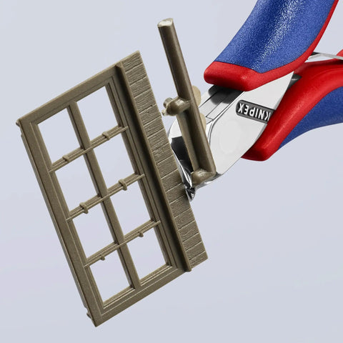 Oblique End Cutter With Short Head For Flush Cutting, Comfort Grip Electronics Cutters in use cutting small plastic frame