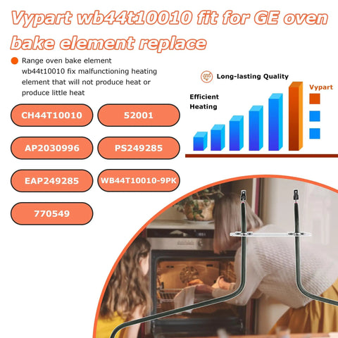 WB44T10010 Compatible Oven Bottom Heating Element for Spectra Ovens 2585W 240V shown in a kitchen with efficiency chart.