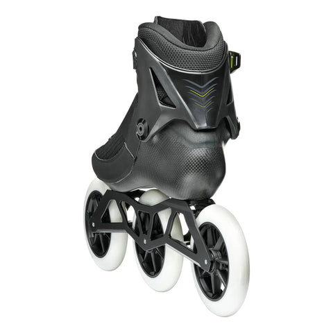 Rear view of BOA 125 Inline Skates for Adults with carbon vented shell and three white 125mm wheels.