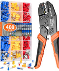 Pro Grade Ratcheting Crimping Tool Kit For Insulated Wire Connectors AWG 20 10 With 400 Pcs Insulated Connectors Includes Three Jaw Sizes