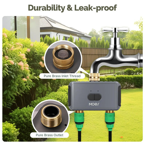 WiFi Sprinkler Timer For 2 Zone System With Brass Inlet And Outlet Water Timer attached to garden faucet