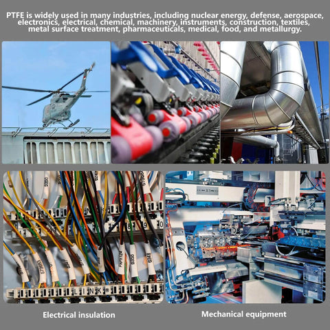 PTFE's diverse industrial applications including aerospace, electrical insulation, and mechanical equipment.