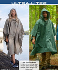 Models wearing Ultra Lite 2 Reusable Waterproof Breathable Poncho For Everyday Rain Gear in gray and green, one size fits most.