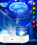 360 Degree Rotating Ocean Night Light Projector For Kids, Jellyfish Lamp With 7 Film Projections And Timer in a dark room