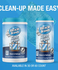 Front view of Miracle Brands Glass Wipes canisters with blue lids; 60-count and 30-count against a blue background with a towel.