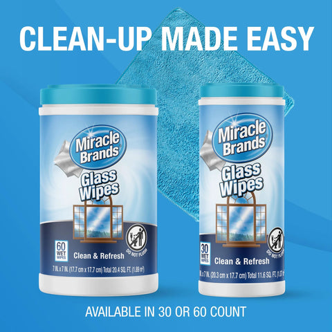 Front view of Miracle Brands Glass Wipes canisters with blue lids; 60-count and 30-count against a blue background with a towel.