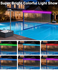 Pool Volleyball Net Set With LED Lights And Solar Panel For Lit Nights By The Pool Adjustable 15 To 32Foot Length Inground Pools Outdoor Backyard Water Volleyball Game Toy For Parties displayed over a pool with colorful LED lights.