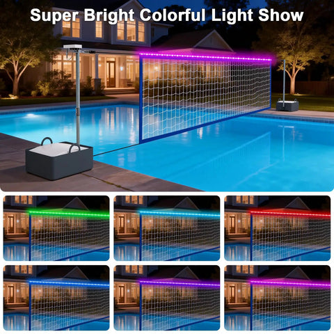 Pool Volleyball Net Set With LED Lights And Solar Panel For Lit Nights By The Pool Adjustable 15 To 32Foot Length Inground Pools Outdoor Backyard Water Volleyball Game Toy For Parties displayed over a pool with colorful LED lights.