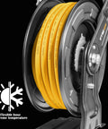 Retractable Air Hose Reel With Fifty-Foot Hybrid Polymer Hose, Heavy-Duty Steel Frame, showing close-up of coiled yellow hose.