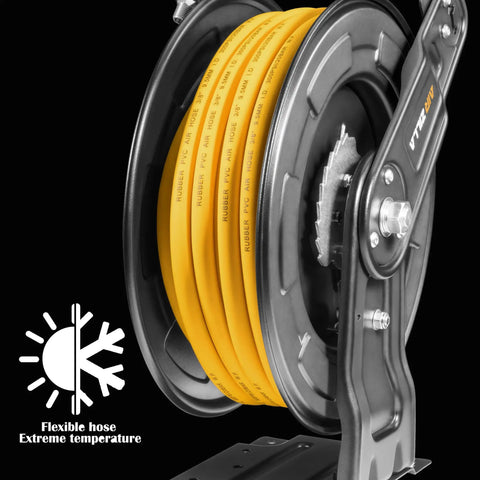 Retractable Air Hose Reel With Fifty-Foot Hybrid Polymer Hose, Heavy-Duty Steel Frame, showing close-up of coiled yellow hose.