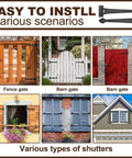 Image showing usage of Two Pack 15 Inch Heavy Duty T Shape Strap Hinges With Screws Black Wrought Iron Spade Tip on various gates and shutters.