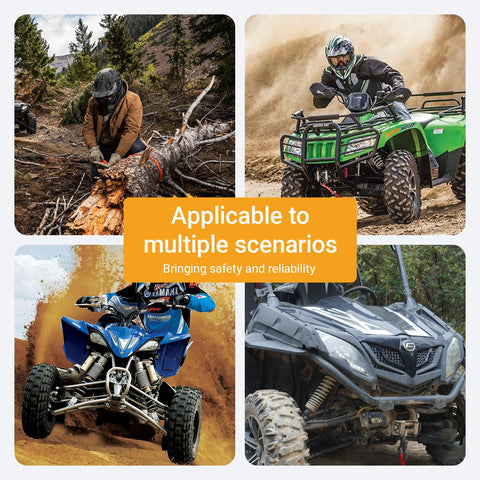 Four ATVs in different off-road scenarios; use with Five Sixteenth Inch Safety Steel Latch Winch Clevis Slip Hook With 14,000 Lbs