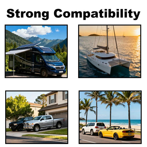 Various vehicles including RV, boat, and trucks showcasing the versatility of Six Pack Heavy Duty Battery Terminal Bolts With 3 8 Inch Side Post Adapter Studs And Nuts For Cars And Tractors And Tough As Nails Steel Build Guarantees Quick Install That Keeps Circuits Locked Secure.