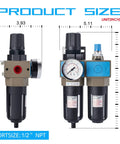 Dimensions of Half Inch NPT Air Filter Regulator Lubricator FRL with 5 Micron Brass Element, 0-150 PSI Gauge visible