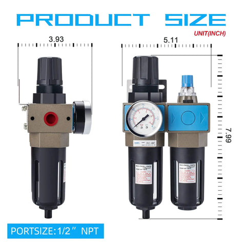 Dimensions of Half Inch NPT Air Filter Regulator Lubricator FRL with 5 Micron Brass Element, 0-150 PSI Gauge visible