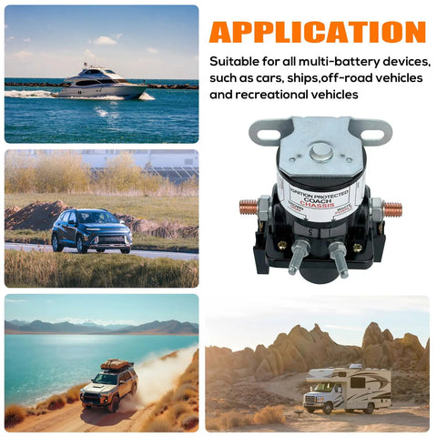 Battery Disconnect Relay 12V 100A Magnetic Latching With Fuses for RV and Marine Use shown with vehicles