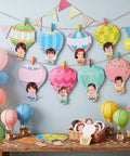 Colorful Hot Air Balloon Cutouts Kit 60 Pcs 6 By 6 Inch Bulletin Board Decor For Classroom And Office Back To School 12 Styles With Adhesive Dots displayed with photos and balloons.