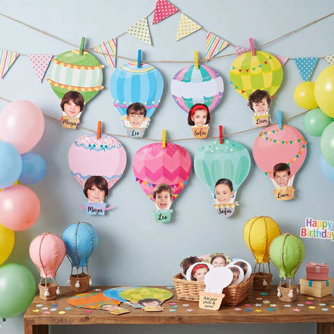 Colorful Hot Air Balloon Cutouts Kit 60 Pcs 6 By 6 Inch Bulletin Board Decor For Classroom And Office Back To School 12 Styles With Adhesive Dots displayed with photos and balloons.