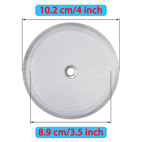 Six Piece Replacement French Press Filter Set Four Inch Stainless Steel Mesh Screens Ultra Fine 100 Mesh with dimensions shown