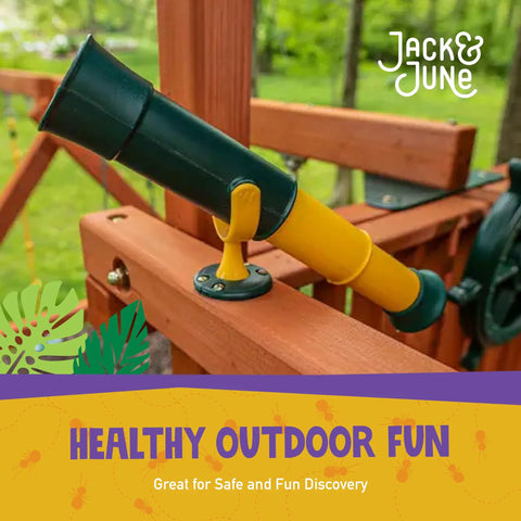 Green and Yellow Telescope Playset Attachment With 360 Degree Spin for Kid Friendly Outdoor Adventures Durable Polyethylene Build Easy Mounting Kit Included Sparks Imagination and Endless Backyard Explorations mounted on wood playset