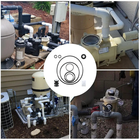 O-Ring Rebuild Repair Kit For Pool Pumps That Keeps Your Pentair SuperFlo SuperMax Running Smooth Includes Pump Union O-Rings Drain Plug O-Rings Water Slinger And US Seal PS-200 Shaft Seal shown with pool pump installations